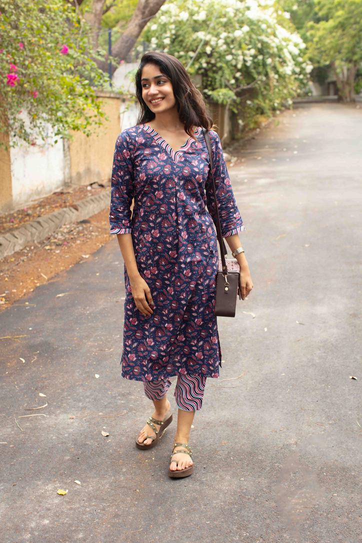 Cambric Blue V Neck Kurti Set