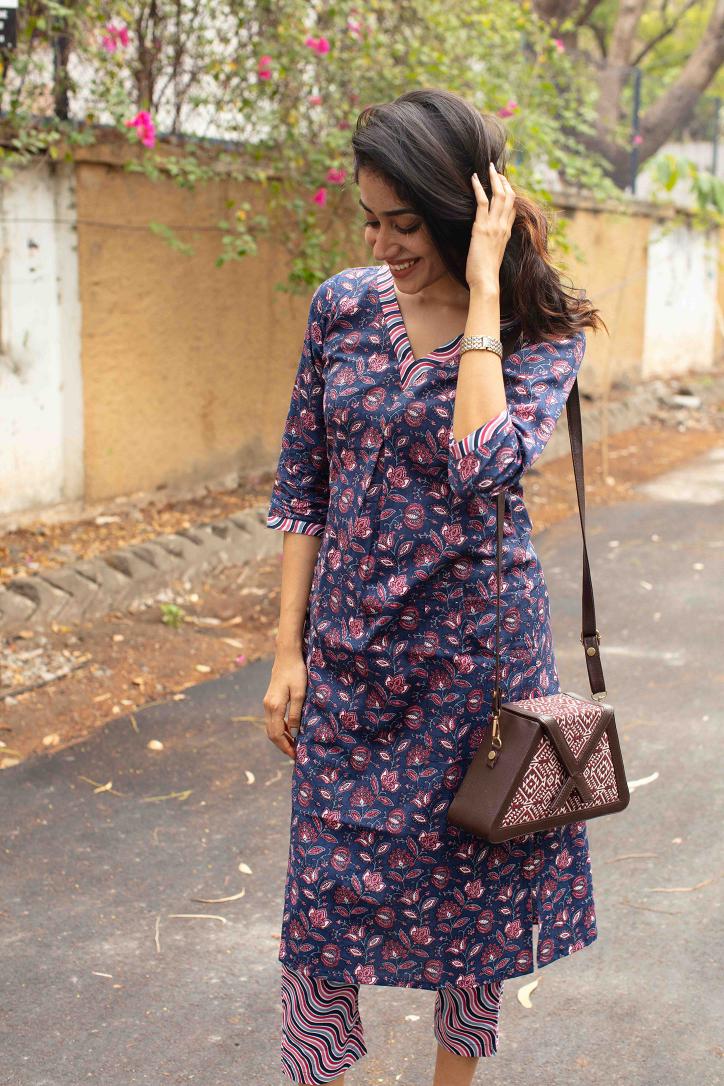 Cambric Blue V Neck Kurti Set