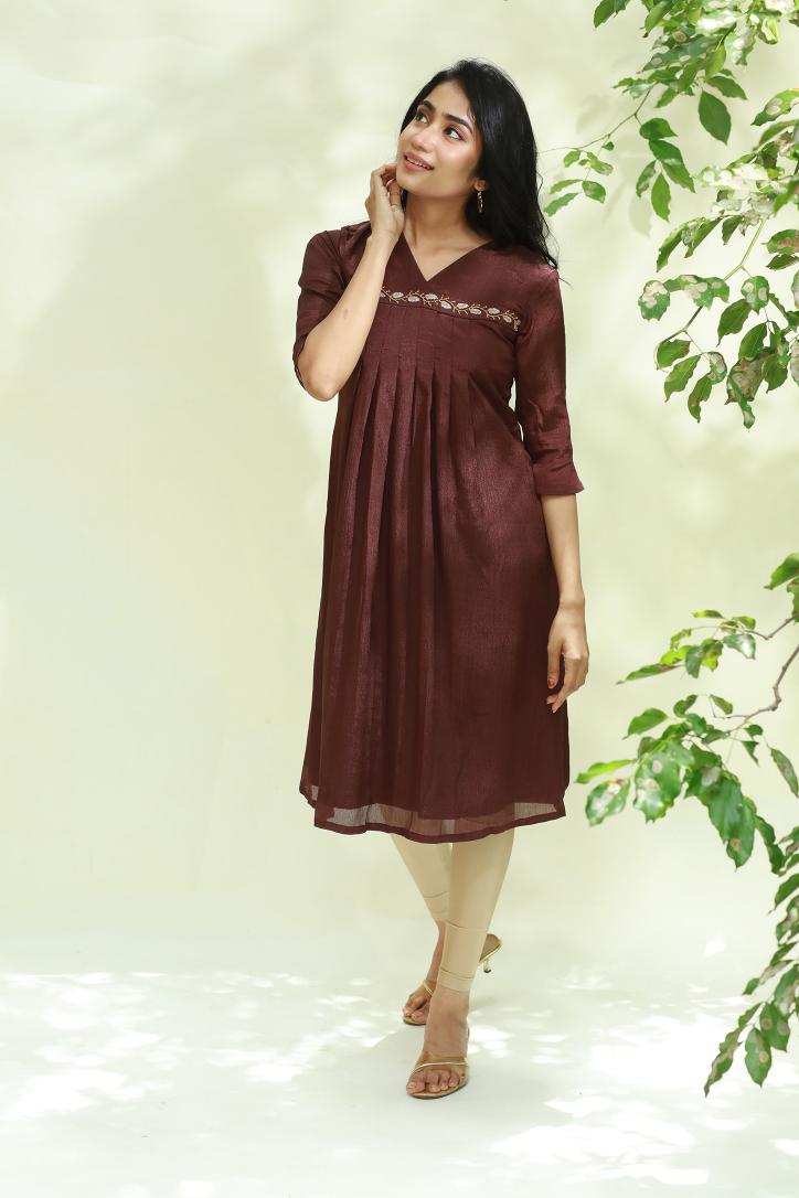 Aari Work Brown Alia Cut Kurti