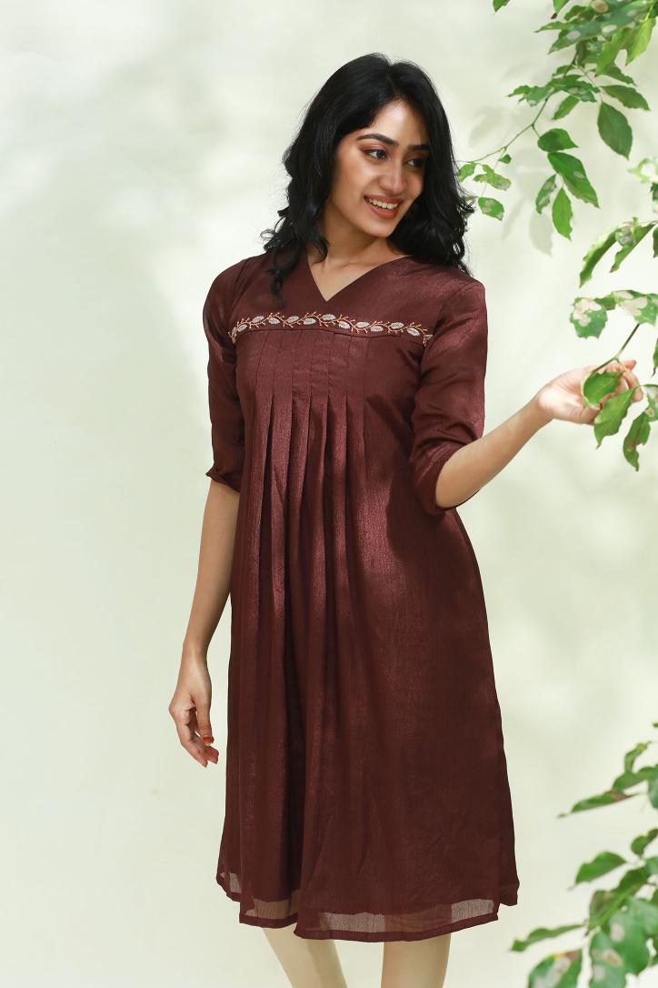 Aari Work Brown Alia Cut Kurti