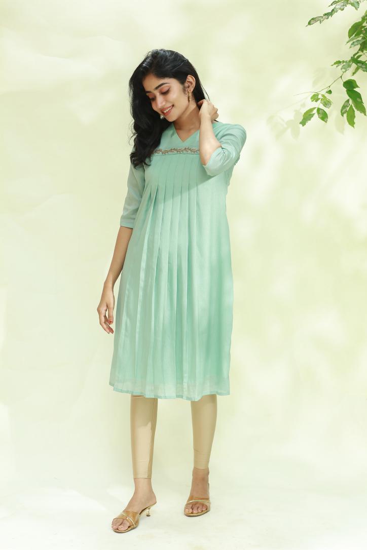 Aari Work Pista Green Aliya Cut Kurti