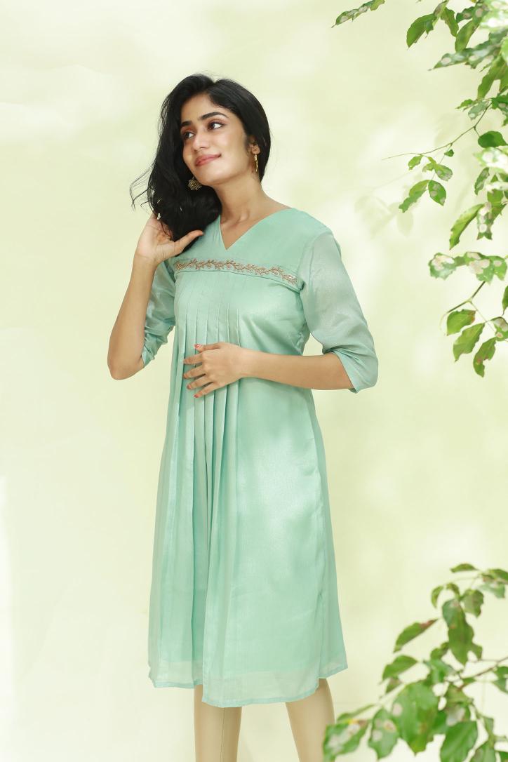 Aari Work Pista Green Aliya Cut Kurti