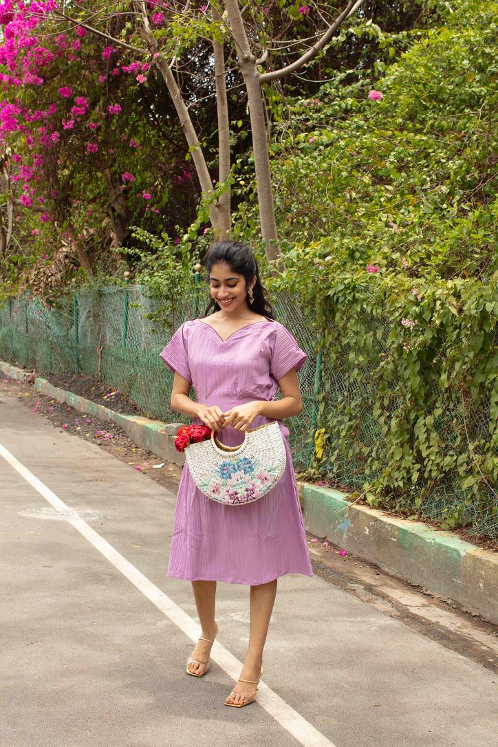Korean Neck Purple Midi Dress