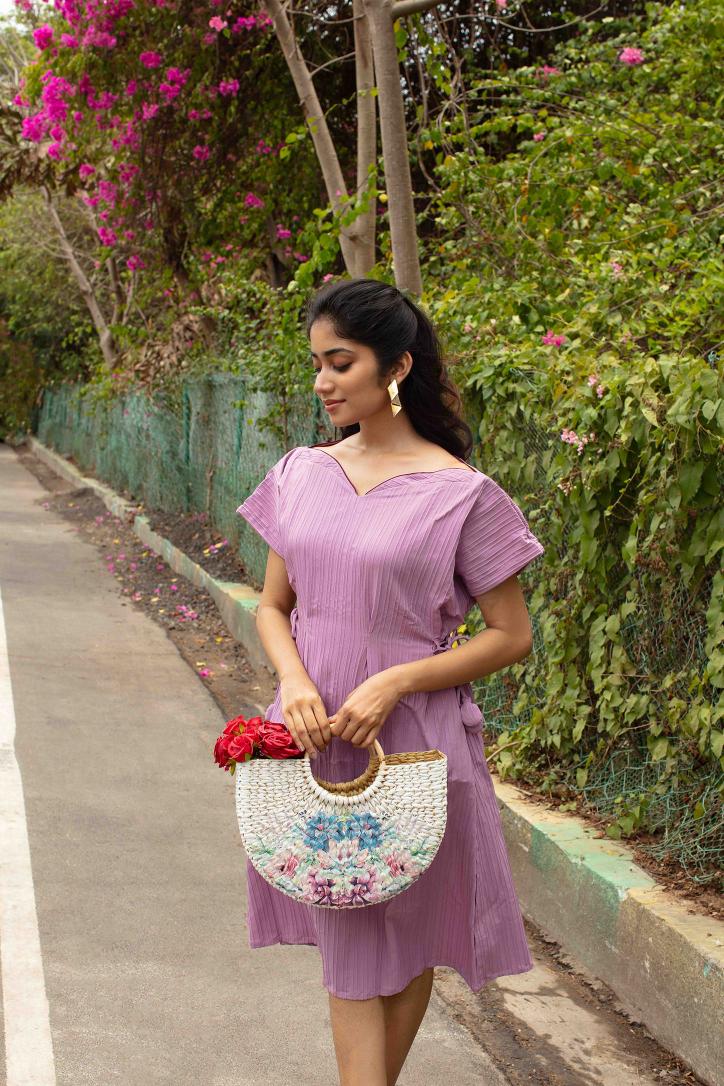 Korean Neck Purple Midi Dress