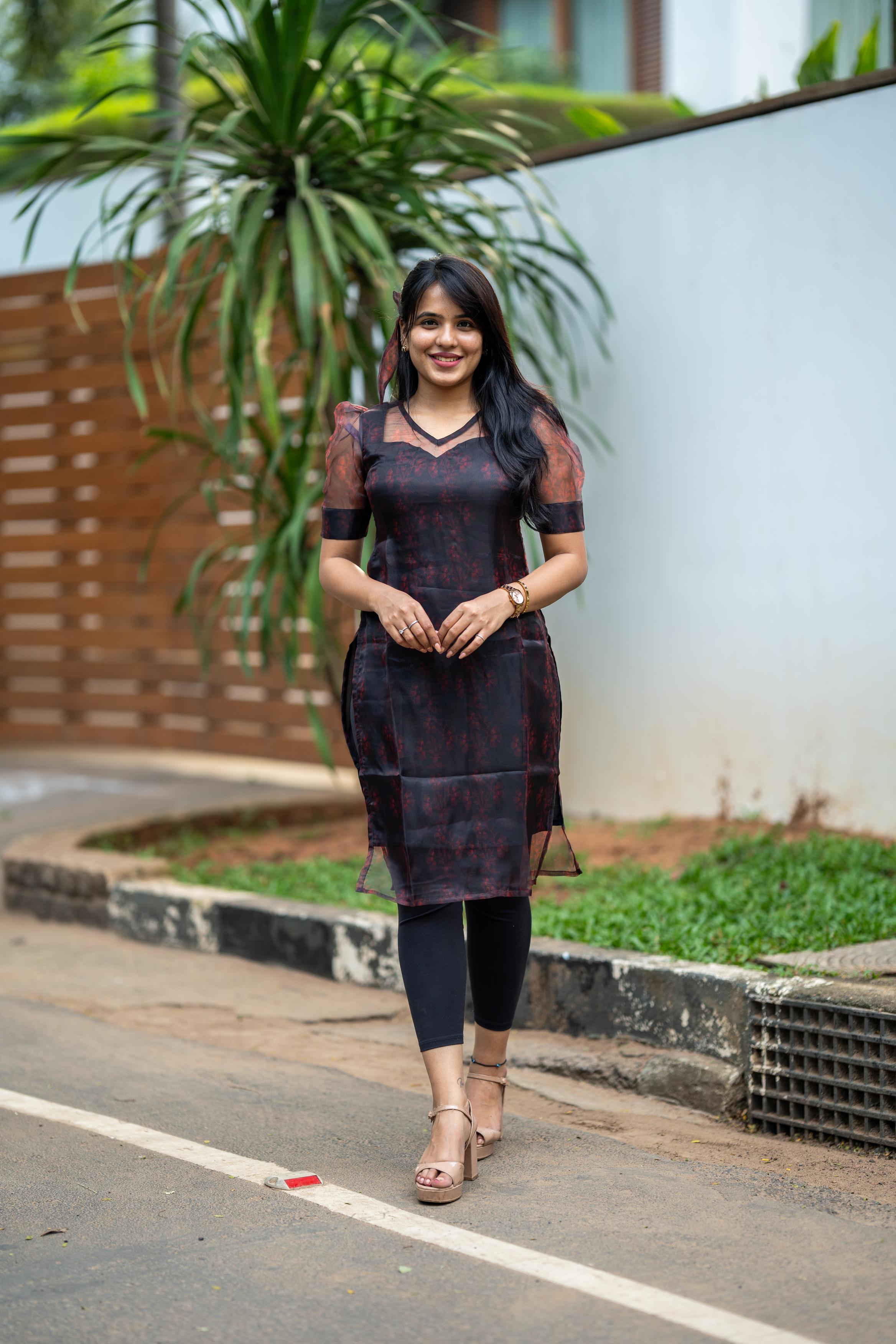 Black & Red Blossom Organza Kurti