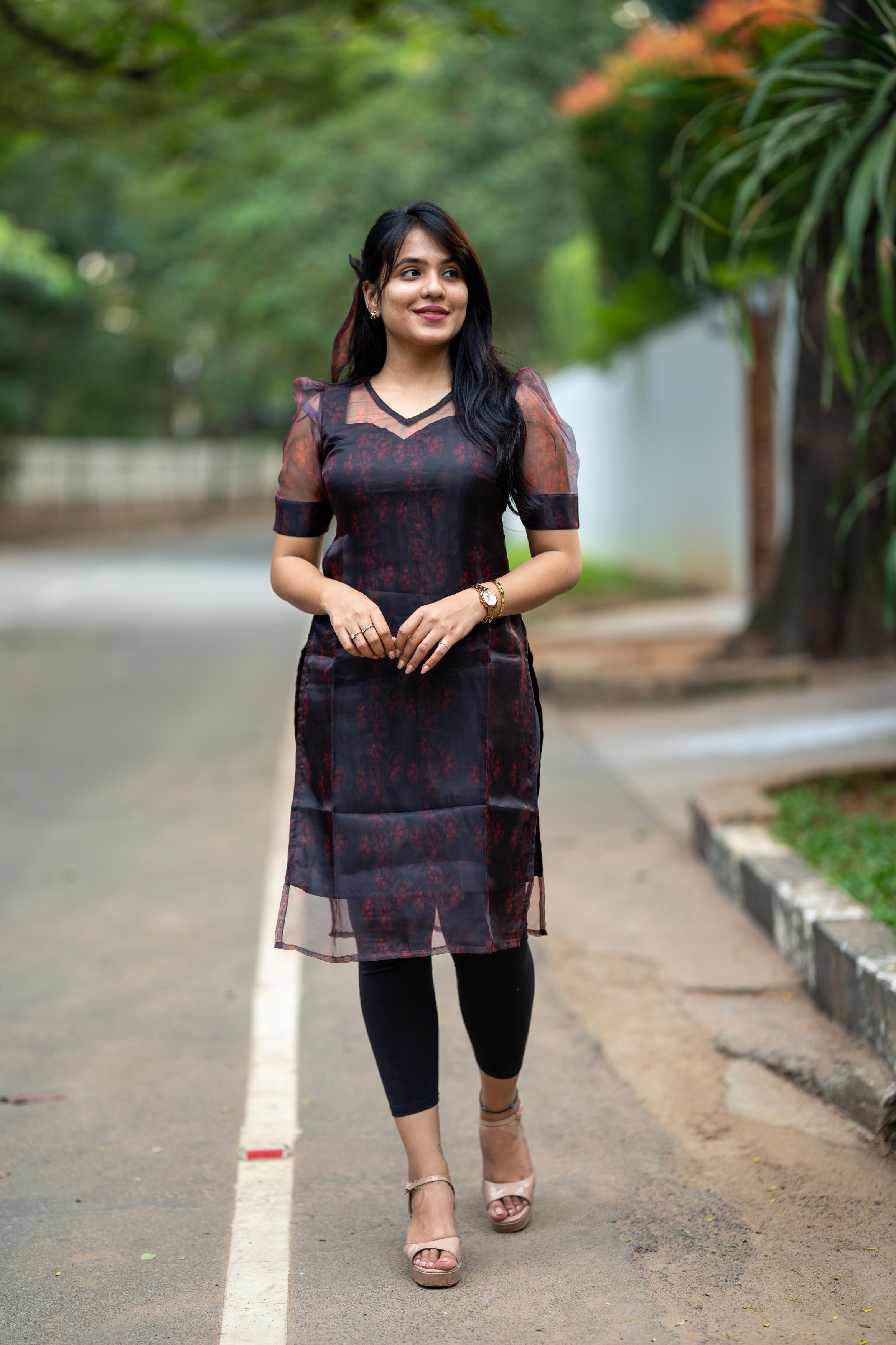 Black & Red Blossom Organza Kurti