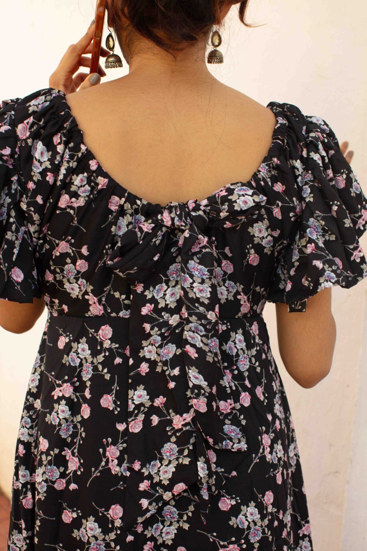 Black Floral Midi Dress with Back bow - Samathams